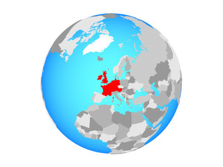 Western Europe on blue political globe. 3D illustration isolated on white background.