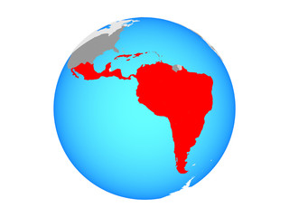 Latin America on blue political globe. 3D illustration isolated on white background.