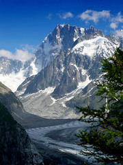 Snowy mountain peaks across glacier