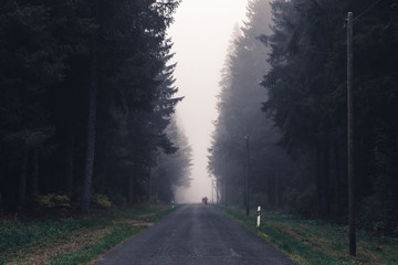 Route dans le brouillard et cysclistes au loin.