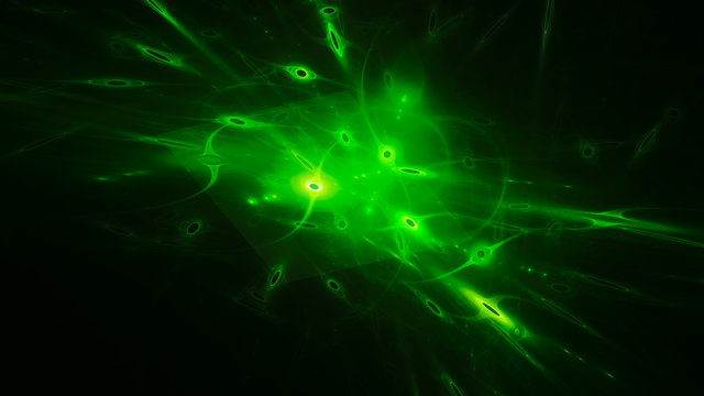 Green glowing qubits abstract background