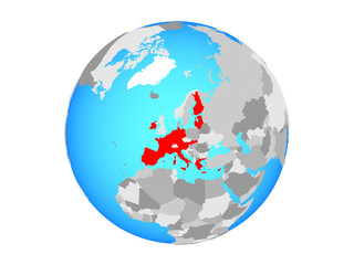 Eurozone member states on blue political globe. 3D illustration isolated on white background.