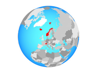 EFTA countries on blue political globe. 3D illustration isolated on white background.