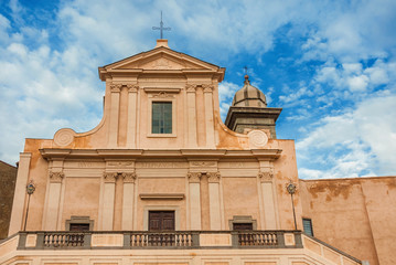 Saint Stephen Cathedral with elegant 18th century facade, erected in Bracciano historic center, a small and ancient town near Rome