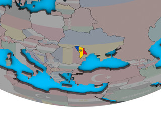 Moldova with embedded national flag on simple political 3D globe.
