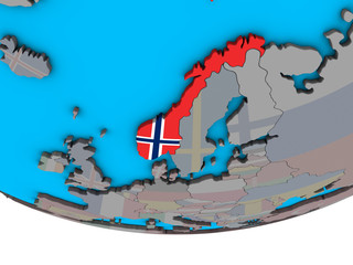 Norway with embedded national flag on simple political 3D globe.