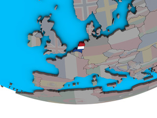 Netherlands with embedded national flag on simple political 3D globe.