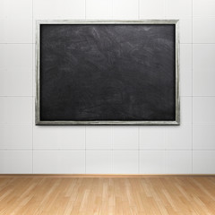 Fototapeta na wymiar 3d illustration rendering blank blackboard frame on tiled wall and brown parquet