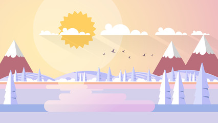 Winter Landscape In Sunset Background. Flat Vector Illustration 