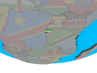 Rwanda with embedded national flag on simple political 3D globe.