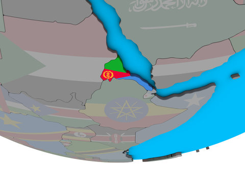 Eritrea with embedded national flag on simple political 3D globe.