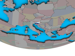 Slovenia with embedded national flag on simple political 3D globe.