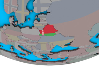 Belarus with embedded national flag on simple political 3D globe.