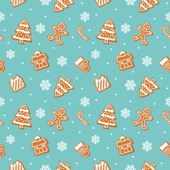 Christmas cookies pattern. Gingerbread man, house, tree, present box on pastel blue background.