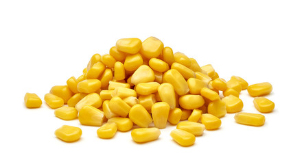 Boiled corn kernels pile / heap side view isolated on white background.