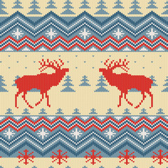 Fototapeta na wymiar Winter knitted woolen seamless pattern with red deer in conifer forest