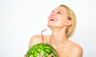 Taste of summer concept. Watermelon vitamin beverage. Girl thirsty attractive nude drink fresh...
