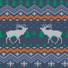 Winter knitted woolen seamless pattern with reindeer and Christmas trees