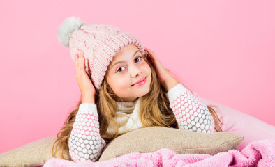 Winter rest and relax. Winter season concept. Winter fashion accessory. Kid girl knitted hat and...