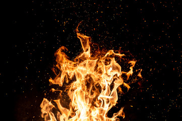 Burning woods with firesparks, flame and smoke. Strange weird odd elemental fiery figures on black background. Coal and ash. Abstract shapes at night. Bonfire outdoor on nature. Strenght of element.