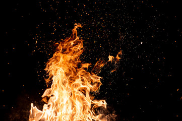 Burning woods with firesparks, flame and smoke. Strange weird odd elemental fiery figures on black...