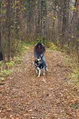 woman  with husky dog  in the park