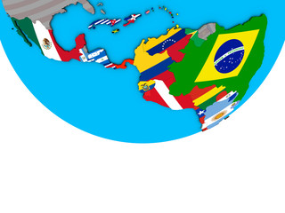 Latin America with embedded national flags on simple political 3D globe.