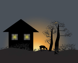 Vector of silhouette of deer near the house