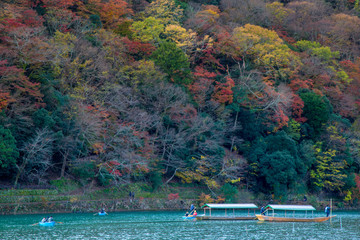 Togetsukyo Bridge in Arashiyama, Kyoto Prefecture, Japan during Koyo Autumn Leaves Festival 2018