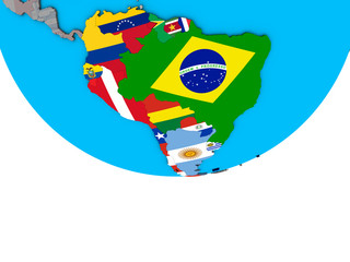 South America with embedded national flags on simple political 3D globe.