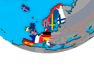 Western Europe with embedded national flags on simple political 3D globe.