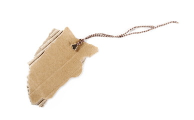 Blank cardboard price tag tied with string isolated on white background, top view
