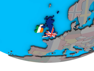 British Isles with embedded national flags on simple political 3D globe.
