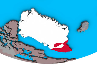 Greenland with embedded national flag on simple political 3D globe.