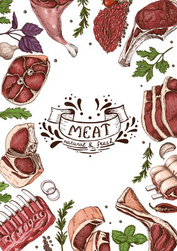 Vertical background with different color meats in sketch style.