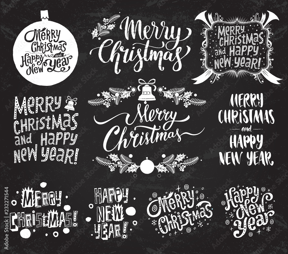 Wall mural merry christmas and happy new year. set of vector retro and vintage calligraphy lettering labels on 