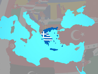 Greece with national flag on blue political globe.