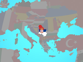 Serbia with national flag on blue political globe.