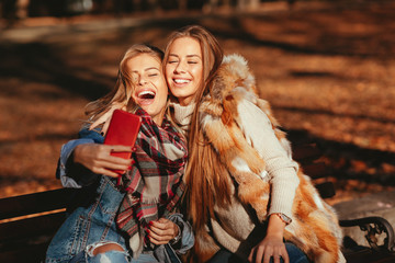 Fototapeta premium Two young women sitting on a bench and making selfie in the park