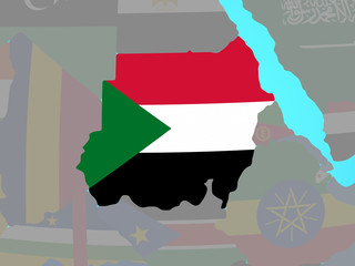 Sudan with national flag on blue political globe.