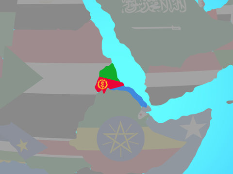 Eritrea with national flag on blue political globe.