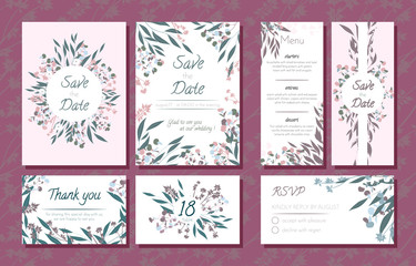 Wedding Card Templates Set with Eucalyptus Branch. Decorative Frames with Leaves, Floral and Herbs Garland. Menu, Rsvp, Label, Invitation with Nature Wreath. Vector Hand Drawn Wedding Cards Isolated.