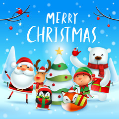 Merry Christmas! Happy Christmas companions. Santa Claus, Reindeer, Elf, Polar Bear, Fox, Penguin and Red Cardinal Bird in Christmas snow scene.