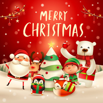 Merry Christmas! Happy Christmas companions. Santa Claus, Reindeer, Elf, Polar Bear, Fox, Penguin and Red Cardinal Bird in Christmas snow scene.