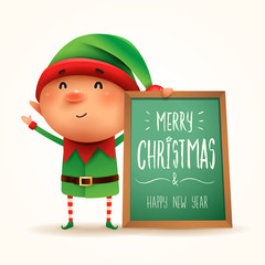 Little elf with message board. Isolated.