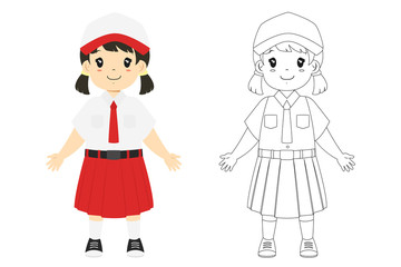 Female Indonesian elementary student. Coloring page for kids cartoon vector