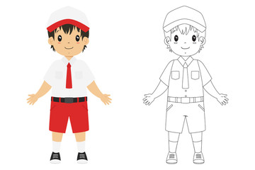 Male Indonesian elementary student. Coloring page for kids cartoon vector