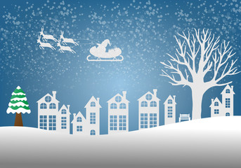 Obraz na płótnie Canvas Christmas greeting card,Holiday background with Santa Claus on the sky with winter tree.