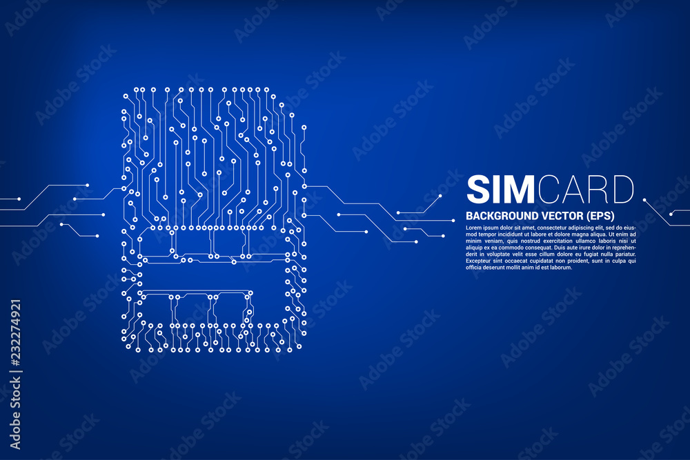 Poster Vector Polygon dot connect line shaped sim card icon circuit board style. Concept for mobile sim card technology  and network.