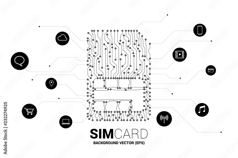 Aufkleber Vector Polygon dot connect line shaped sim card icon circuit board style with functional icon. Concept for mobile sim card technology  and network.